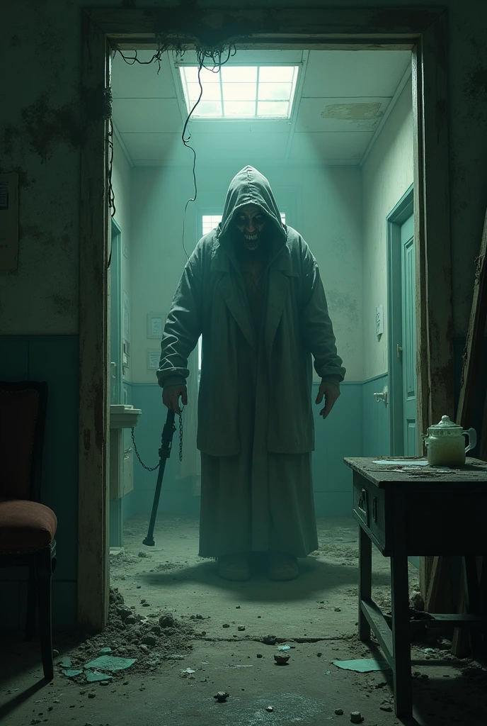 Abandoned hospital, room with an armed maniac inside