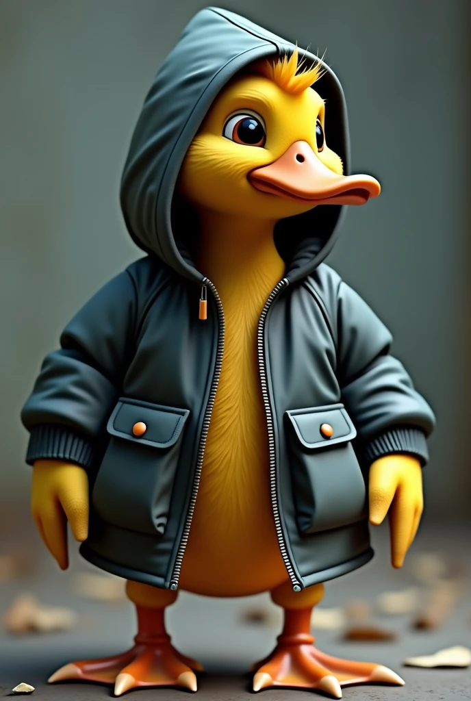the duck has bright yellow plumage., but instead of its usual plumage, He is wearing a red hooded jacket that suits him very well... The hood covers your head and neck., giving it a very cool and modern look. the duck&#39;eyes shine with curiosity, and their wings are ready to unfold at any moment.