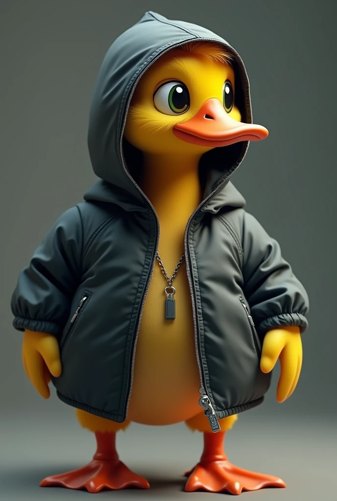 the duck has bright yellow plumage., but instead of its usual plumage, He is wearing a red hooded jacket that suits him very well... The hood covers your head and neck., giving it a very cool and modern look. the duck'eyes shine with curiosity, and their wings are ready to unfold at any moment.