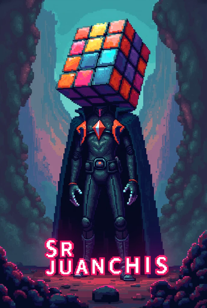 Create a pixelated villain Rubik's cube head, and with a strange but cool suit , It is the king of puzzles and it says below "SR JUANCHIS"