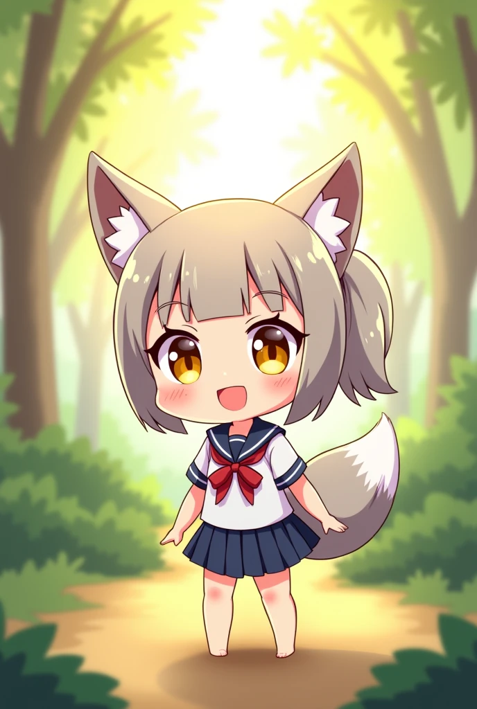 highres, , a fox, nenodroid, glad, laughing, standing, looking at viewer, ponytail, blunt cut, silver hair, golden eyes, big eyes, eyes open, fair skin, chibi, slim, mini skirt, school uniform, sailor uniform, ribbon, with fox small ears, , japanese, white background, in the forest, with a sun, with a tree, kawaii, chibi anime, soft-edged, full body shot, from front, sunrise