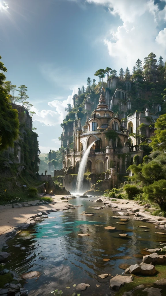 A ancient city reclaimed by the forest, crumbling stone walls and towers peeking through a sea of dense vegetation. Once splendid castle and temples, now just vine-covered rubble and moss-laden ruins poking above the treetops. Intricate stonework barely visible under thick creeping ivy and moss. Empty streets and alleys totally obscured by huge gnarled roots and flowering creepers. Crumbling statues of kings and queens stand weathered and worn, as squirrels and birds nest atop their heads. A gentle stream trickles through the cracked central plaza, waterfall cascading through where majestic palace once stood. Only bats reside here now, roosting in the damp catacombs beneath temples. Birdsong and rustling leaves have replaced hymns and human voices. The mighty walls that once protected now gradually decaying as the forest reclaims its land. This drowned city a relic of a lost people, slowly being enveloped forever in the embrace of the woodland realm.