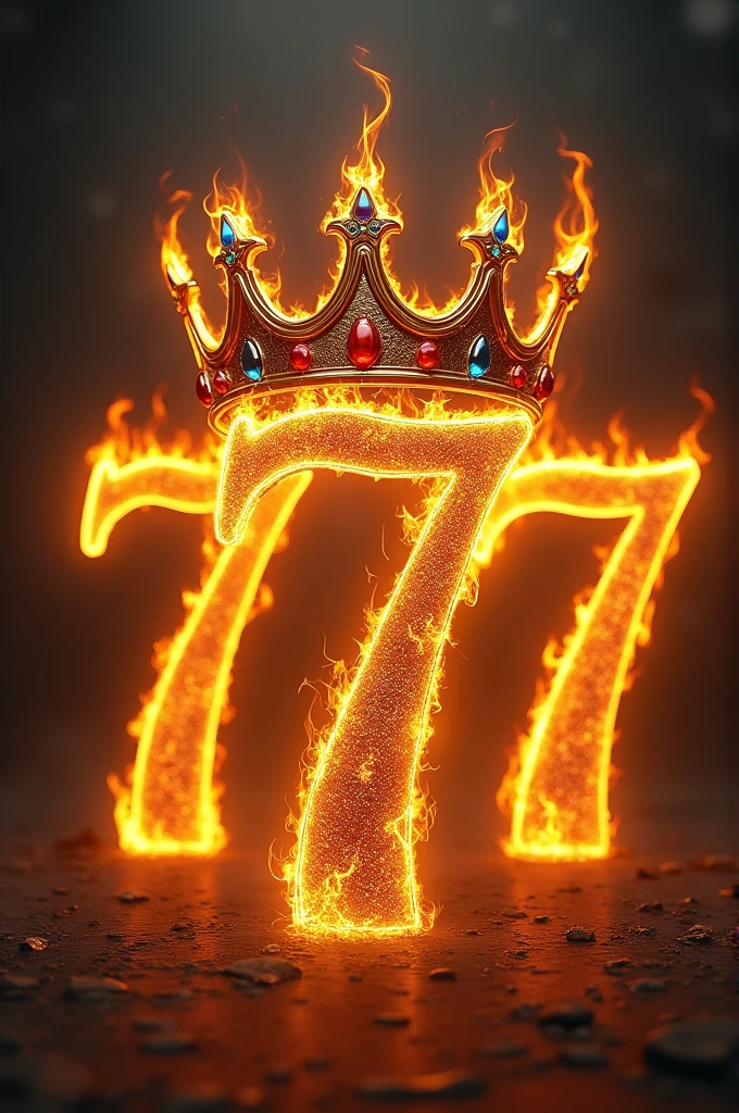 Create a image of three burning 7s with a gold/red crown with 7 stones