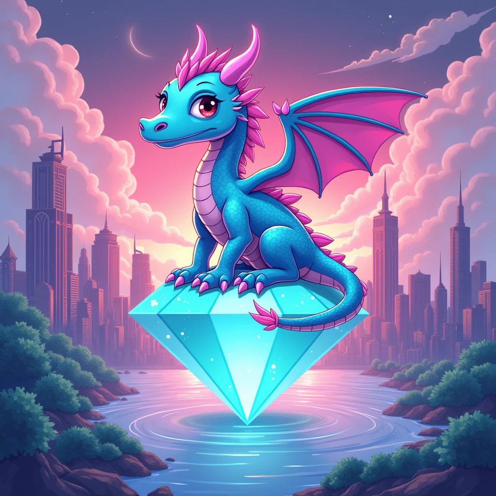 a cartoon dragon sitting on top of a diamond, concept art by Diamond, pixiv, graffiti, sanrio, avatar for website, sayori, # oc, #oc, profile picture 1024px, official fanart, promo art, chillhop, official artwork, vaporwave city, salvador, server, logo art, theme sky cloud, sea water colour, text "Diamond V City"
