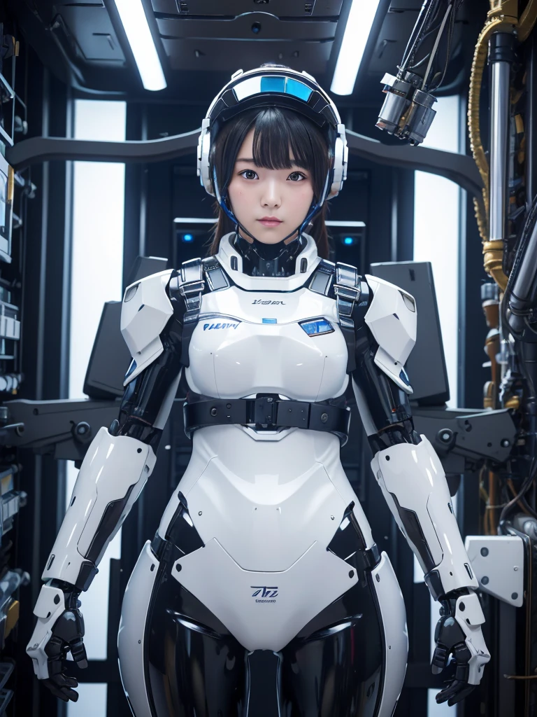 masterpiece, Highest quality, Very detailed, Japanese Android girl,Plump,Slightly thicker,Control panel,robot arms,robot,Android,cyborg,white robot body,Blunt bangs,robot repair plant,The spaceship's cockpit,Harness Belt,headset,Helmet