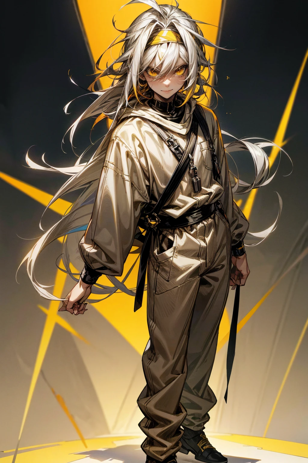 Masterpiece Quality, Perfect Generation, Sclera, Detailed Eyes, Skin, Spiky Longer Hair, Muscular, Casual Sweats Clothing, Crazy Smile Expression, , Cool Futuristic Tower Background, Full Body, Tanned Skin, Two Toned Yellow And Silver Hair, , , male, facing viewer, Standing , Multicolored hair, two colored hair, Headband Tilted To The Side, Yellow eyes, Multicolored yellow and silver hair, male,