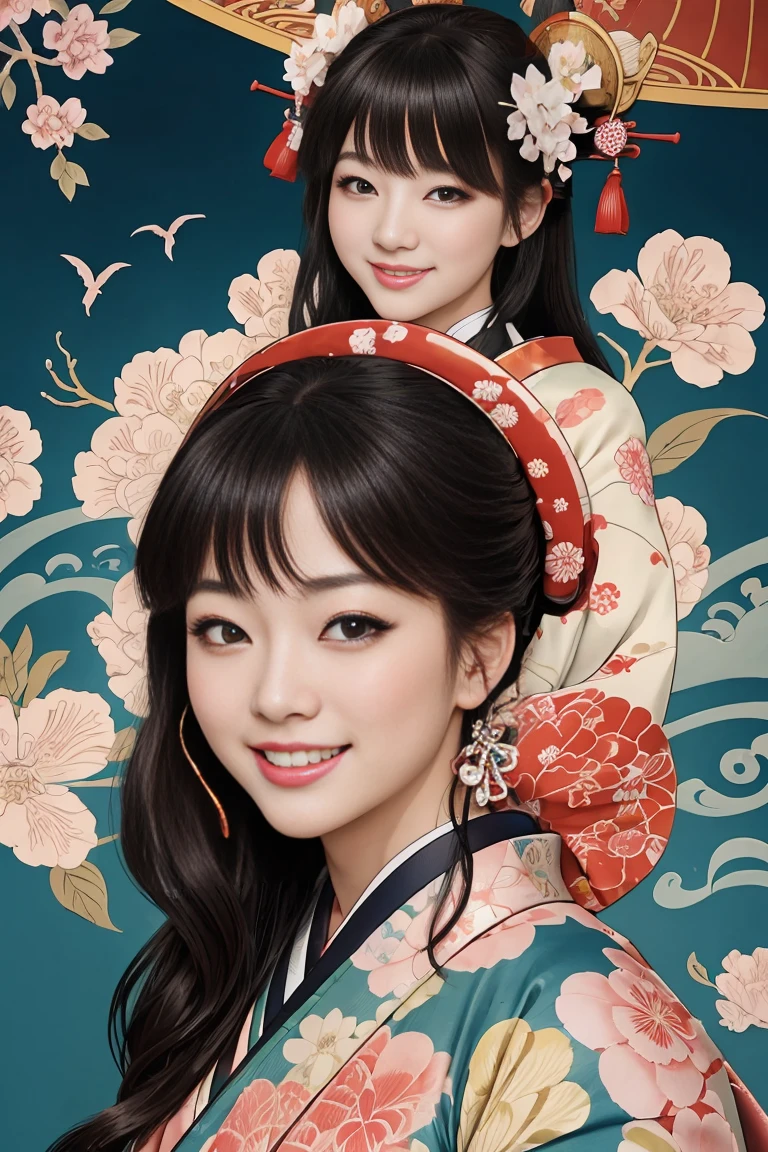 (SeaArt creates stunning illustrations of beautiful women in kimono)、Vividly colored Japanese Ukiyo-e style illustrations、A beautiful woman smiles and shows her upper white teeth、Brown-black long hair、Beautiful full body style、Let's dance a little Tokyo Ondo Yoiyoi、Beautiful new digital paintings,、Bright vibrant digital anime art、 Beautiful anime portraits、background、Torii gate of the Japan shrine、 Detailed digital anime art、