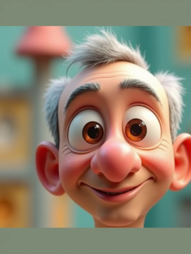 Create a Disney Pixar-style, 3D character of a 6 man, brown eyes, short gray hair, with a normal mouth, a big, airy nose, thick eyeshadows, wearing dress clothes