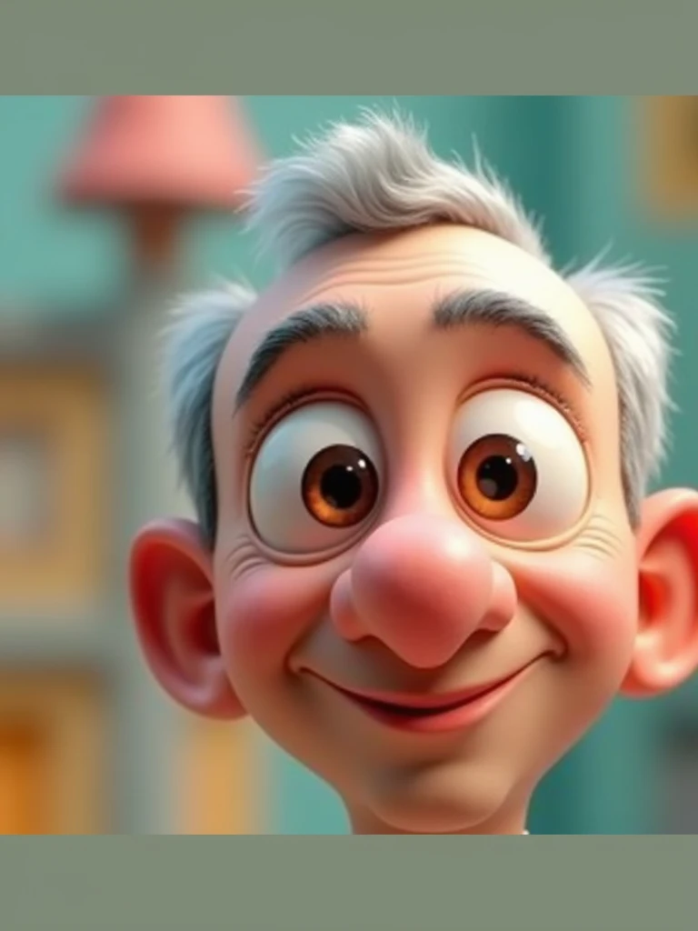Create a Disney Pixar-style, 3D character of a 6 man, brown eyes, short gray hair, with a normal mouth, a big, airy nose, thick eyeshadows, wearing dress clothes