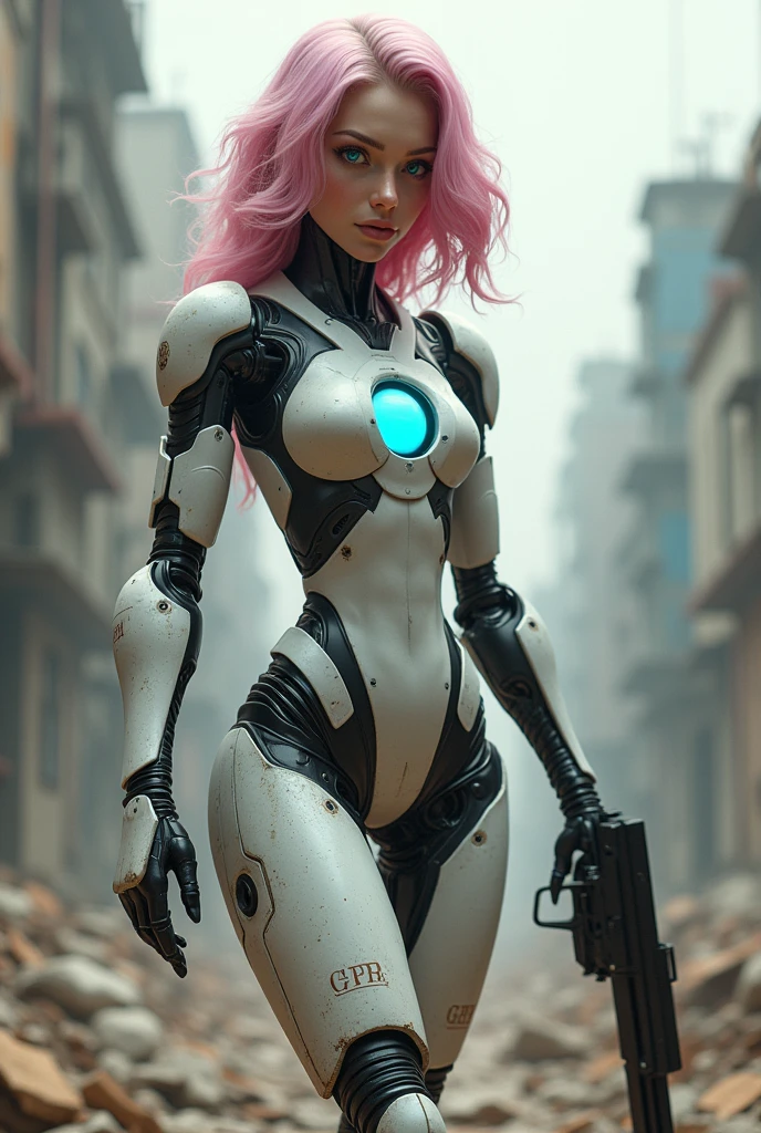 Female robot,full body,perfect Female face,fair_skin,blue eyes,pink hair,focus muzzle,looking at viewer,mechanical arms,mechanical leg,Standing,wavy hair,curvy,chest blue energy core,the ruins of war,Arm-integrated firearm,(Raise the gun to aim:1.2),