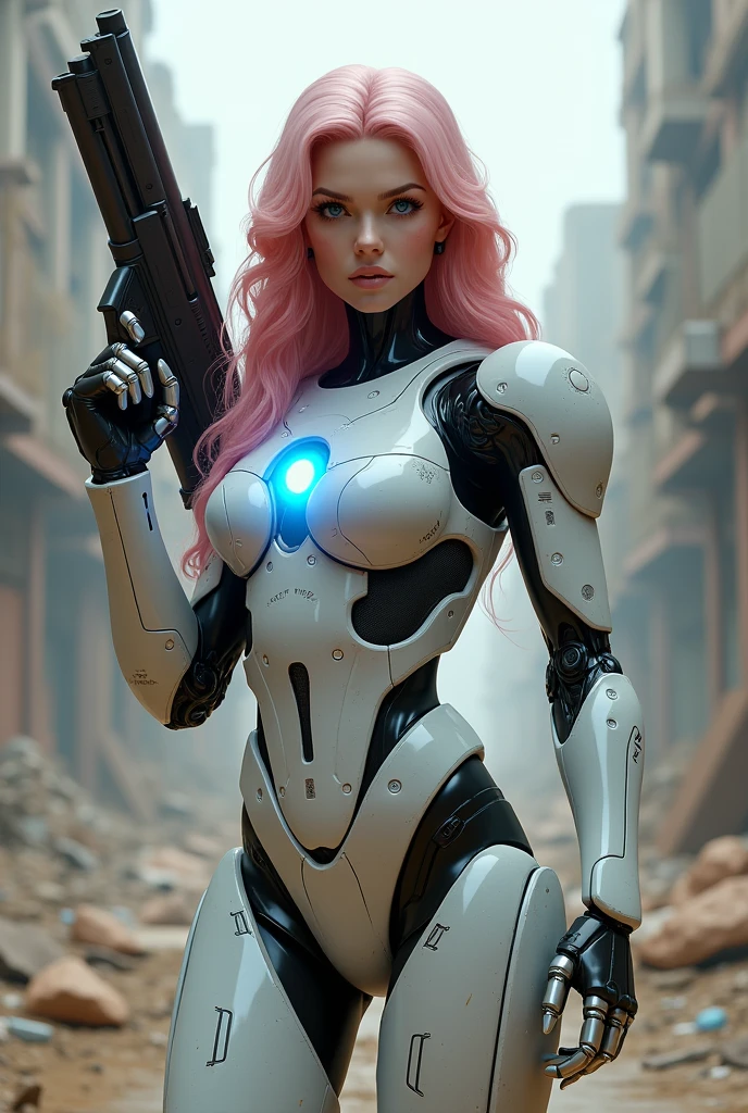 Female robot,full body,perfect Female face,fair_skin,blue eyes,pink hair,focus muzzle,looking at viewer,mechanical arms,mechanical leg,Standing,wavy hair,curvy,chest blue energy core,the ruins of war,Arm-integrated firearm,(Raise the gun to aim:1.2),