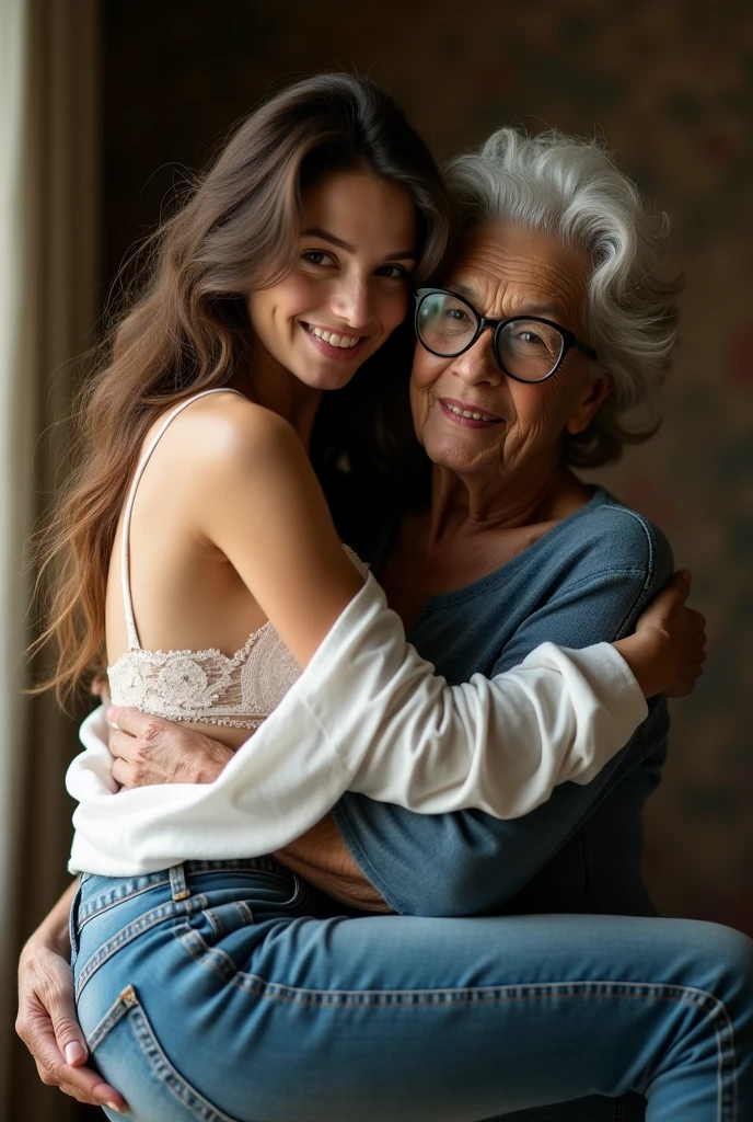 Create a photo of a 20 year old young woman, with a slender and beautiful body, wearing jeans and an open white shirt and white lace bra, with white and clear skin, with long brown hair being carried in the arms of a 90 year old elderly lady, obese with dark black skin and wearing a blue dress and glasses