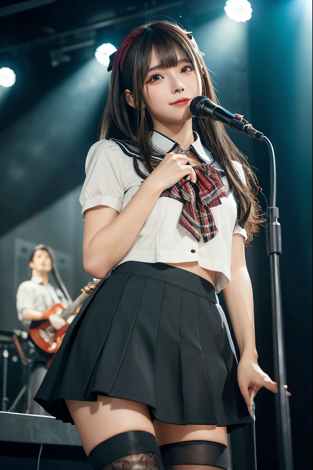 High school girl blazer、uniform、Red checked knee-length skirt、Long skirt、JK Style、Jacket、smile、Knee-high socks、Thigh-high socks、pantyhose、Extremely beautiful、Super cute、ennui、Rare Beauty、Dark black eyeshadow、sad、Skin radiance、Long Hair Straight Hair、Dark Gothic Makeup、Dark Smile、Fragrant beauty、Stained glass background、masterpiece、Highest quality、See 5 books、Sweat glistening on my chest、Sweat glistening on the face、Small breasts、2、Slightly slim、Mysterious look、Sad look、Mysterious Gothic Church、enchanting castle、Excessive sweating all over the body、Thighsに大量の汗と光、光沢のあるThighs、Thighs、Thighsに大量の汗が光る、sweat profusely、Gal、Small breasts、Japanese face、Captivating look、細いThighs、play the guitar、I have a guitar、Enthusiastic singing、バンドでplay the guitar、Playing guitar chords、Background of the live music venue、Sing a song、Open your mouth、Scenery of a live music venue、Mike stand、Glamorous live stage、Dynamic Angles、Vivid straight long hair、delicate straight hair、