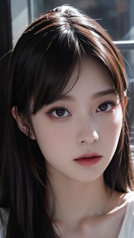 Masterpiece, ultra realistic, 16k, high quality, incredibly detailed, dream aesthetic, dream atmosphere, cinematic, (sharp focus : 1.5), (photorealistic : 1.3) , a hyperrealistic image of a young, very pale dirty woman with long black hair and black eyes, illuminated skin, intense shadows, light and shadow work, a beautiful face, wearing a white dress. She appears very sad and is looking out of an old, antique window. dirty environment, the scene should have a horror and gothic atmosphere, with dramatic lighting and intricate details in both the woman and the surroundings. The window should have a gothic design, with shadows and light playing off its expression to enhance the mood of melancholy and mystery. different poses at different angles.