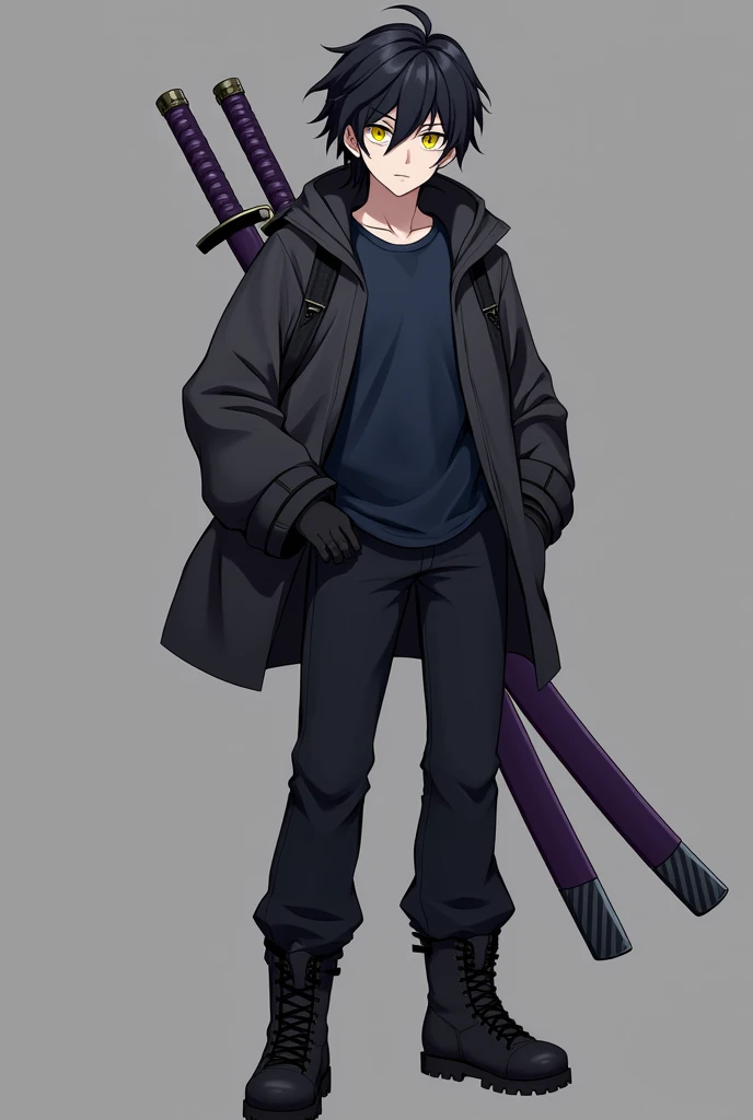 Create an anime style character, male gender with short, slightly spiky black hair with the fringe covering the face a little on the left side, a ponytail, big yellow eyes, Men&#39;s black windbreaker jacket with dark blue shirt, black gloves, black pants with men&#39;s black boots, with a purple sheathed katana on his back.