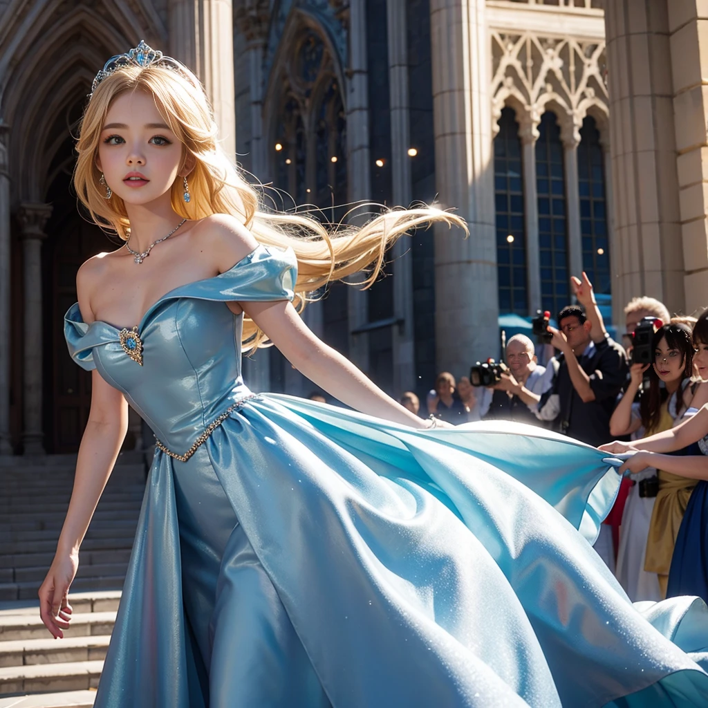 best quality, masterpiece, 1 girl, blonde hair, A huge laugh, cute teen, shiny lips, sweet, sun glare, Conservative attire, Disney Princess Cinderella, Blue dress, Bridal Tiara, depth of field, blurred background, Cathedral Background, light particles, strong wind, head tilt