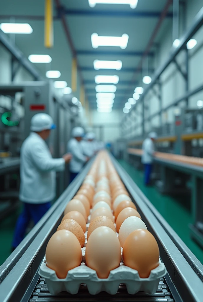 Create what an egg company would look like inside where the eggs are in the machines