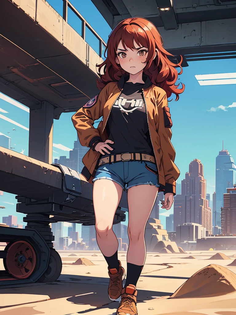 (masterpiece), (best quality), ((one girl)),alone, red hair,((brown eyes)),curly hair, anime style, freckles, (mall breast, (petite figure), blue and black cyberpunk jacket, shorts, legs, long T-shirt, ((desert background)) 