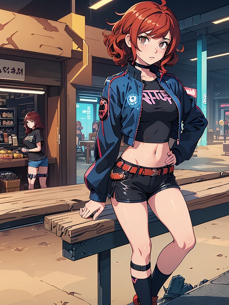 (masterpiece), (best quality), one girl alone, red hair,((brown eyes)),curly hair, anime style, freckles, (mall breast, (petite figure), blue and black cyberpunk jacket, legs, desert background