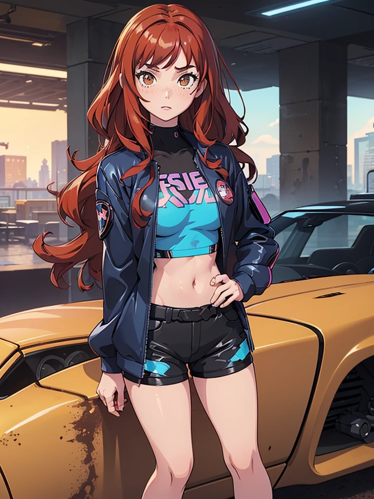 (masterpiece), (best quality), ((one girl)),alone, red hair,((brown eyes)),curly hair, anime style, freckles, (mall breast, (petite figure), blue and black cyberpunk jacket, shorts, legs, long T-shirt, ((desert background))