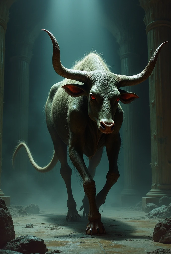 Chimera walking on all fours with disgusting ox foot skeletal and deformed hairy with long pointy tail no eyes and with long horns, half dark academia dc comics style dc comics style
