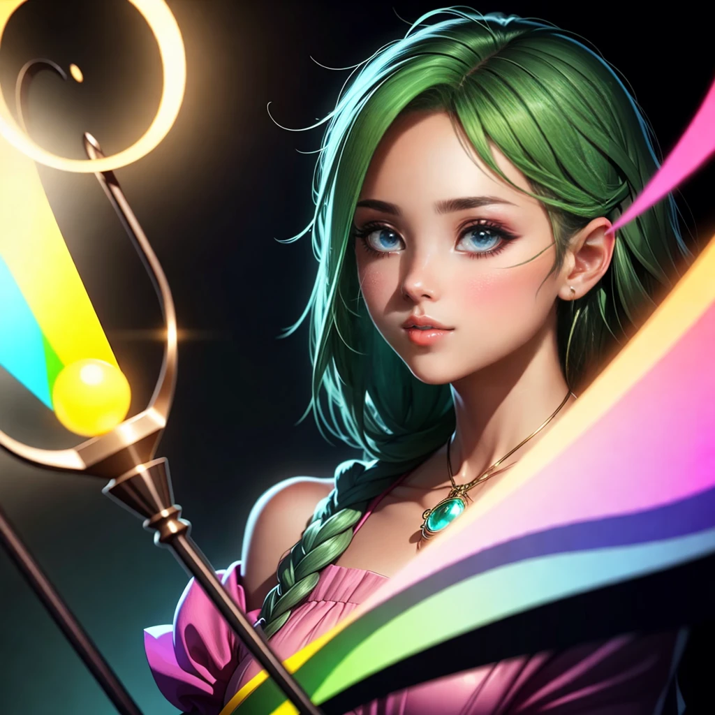 a beautiful young girl with long green hair,wearing a pink dress,holding a staff,yugioh card,full body,detailed face,detailed eyes,detailed lips,detailed hair,detailed dress,detailed staff,vibrant colors,cinematic lighting,dramatic composition,fantasy,digital art,octane render,8k,highly detailed,photorealistic,masterpiece