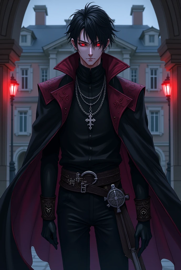 A man with an angular face, with well-defined cheekbones and a sharp chin that gives an air of dark nobility. His eyes are the most striking feature: blacks with blood-red pupils, they exude a mixture of power and sadness, always analyzing the world around him with an intensity that can be intimidating. Dark circles under the eyes are evident. The eyebrows are thin and arched, reinforcing his constant expression of seriousness and focus. Her lips are thin, almost always closed, reflecting his reserved nature. Her hair is parted short, with straight black strands that fall disorderly over his forehead, partially hiding his eyes. The black color of her hair contrasts with her pale skin, giving it an almost ghostly appearance. He doesn&#39;t care about his hairstyle, which results in a slightly unkempt appearance, but still imposing. He is 1 m tall.,80m, with an athletic physique, but slender. your skin is pale, almost colorless, as if it had been drained. He wears a long black cloak, made of a fabric that appears to absorb the light around it, adorned with ancient, intricate runes that glow softly in shades of red and purple. Under the cloak, he wears a black high-collared shirt and dark pants that give him mobility. In the hands, he always wears black leather gloves, embroidered with mystical symbols. He carries a small leather pouch attached to his belt., where he keeps alchemical ingredients and amulets. He also wears a silver chain with an inverted cross medallion., who hides a dark secret linked to his journey into the forbidden arts. no belt, there is a ceremonial dagger with a black blade. Stately Mansion in the Background. anime styling.