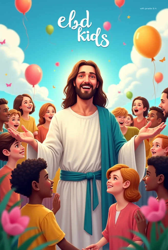 Create an image of Jesus surrounded by happy children, with the text 'EBD Kids' highlighted in the center of the image. Include the Bible reference 'Matthew 19:14' legibly, and add the phrase 'With Prô Priscila'. The scene should be cheerful and vibrant, with a blue sky and fluffy clouds. Replace the paper airplane with eye-catching elements that remind you of the universe , like colorful balloons, toys or flowers. Jesus must have a welcoming expression, while the children around you look happy and diverse. The general atmosphere should be warm, inviting and full of positive energy.
Put Matthew 19:14 in Portuguese