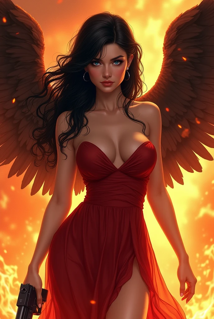 ILUSTRATION, close-up, of an extremely beautiful woman, with a deep red strapless dress , with very blue eyes, long jet black hair, coming out of a big fire, with majestic phoenix wings, with a gun in his hands, very beautiful, illustration, Aura +1000