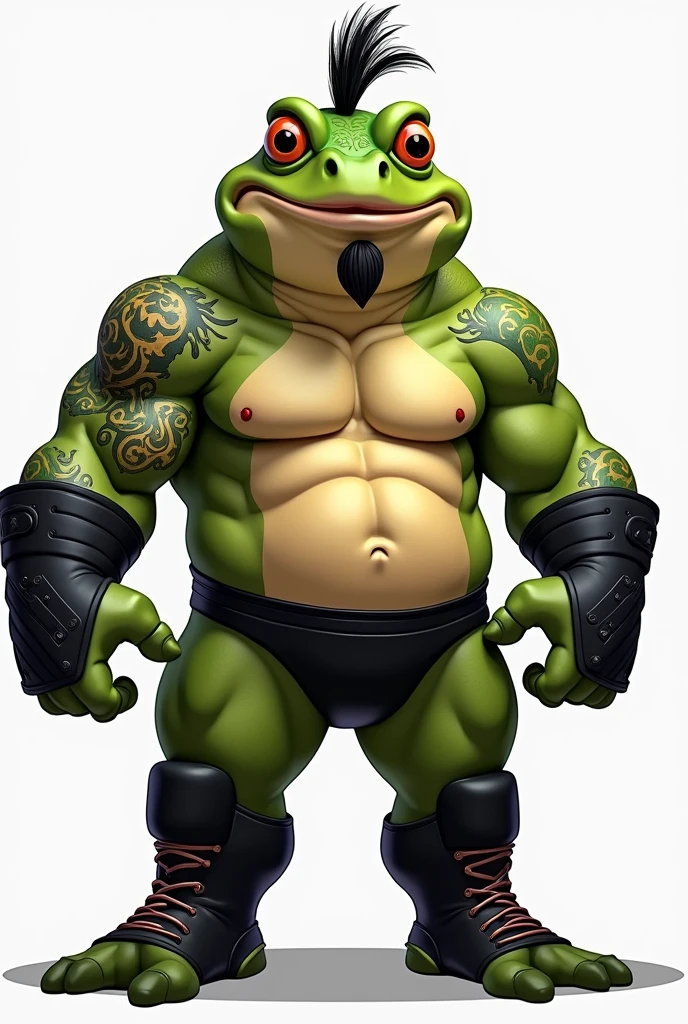 cartoon Bullfrog dressed like WWE wrestler Dave Bautista.

cartoon Bullfrog head. cartoon Bullfrog body. cartoon Bullfrog arms. cartoon Bullfrog hands. cartoon Bullfrog legs.

Black goatee. Buzzed black hair. Shoulder tattoos. Muscular. Black underwear. Black elbow pads. Black wrestling boots.