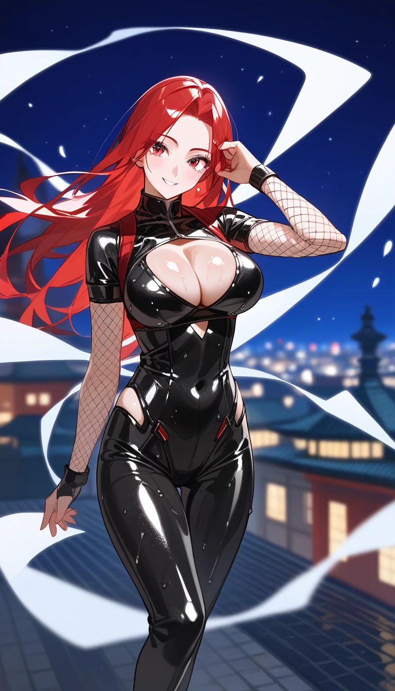 1girl,20 years old,angelic smile, eyelashes,long hair, red hair, parted bangs, large breasts, cleavage,full bodysuit ,ninja costume ,kunoichi, fishnet arms,model pose, (score_9,score_8_up,score_7_up),best quality, official art, official style, game cg, megami magazine, perfect anatomy, best perspective, very aesthetic, illustration, perfect composition, source_anime,detailed skin, (shiny skin:1.2), wet oily skin, sharp focus,depth of field,night city,rooftop 
