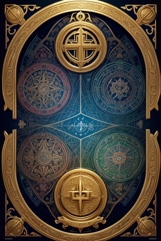 Create a stylized map of the world with different religious and cultural symbols around it, like temples, sacred symbols and emblematic figures. Add ornate borders, Cultural Patterns. Details should be rich and colorful to attract players' attention.. Leave space to place the title.