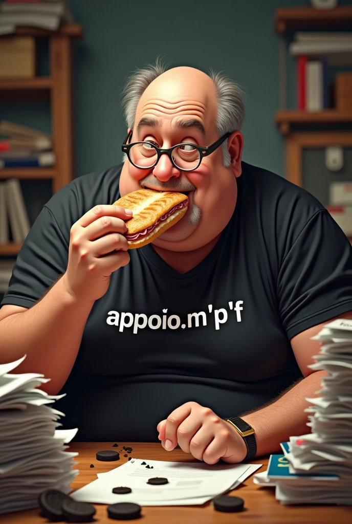 white male, aged 50, baldie, fatter, cheeky, paunchy, wrinkled face, wearing glasses, eating baguette with ham, leaning against a cluttered computer desk, stacks of papers, Oreo crumbs and cookies. Wearing a black shirt with the phrase APPOIO (M P F)