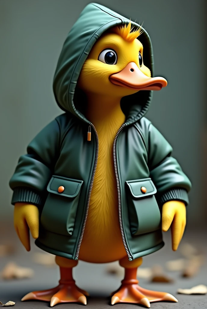 the duck has bright yellow plumage., but instead of its usual plumage, He is wearing a green hooded jacket that fits him very well... The hood covers your head and neck., giving it a very cool and modern look. the duck'eyes shine with curiosity, and their wings are ready to unfold at any moment.