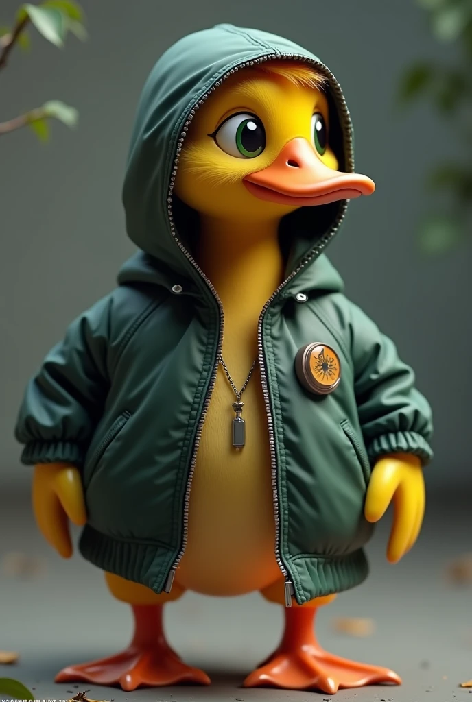 the duck has bright yellow plumage., but instead of its usual plumage, He is wearing a green hooded jacket that fits him very well... The hood covers your head and neck., giving it a very cool and modern look. the duck'eyes shine with curiosity, and their wings are ready to unfold at any moment.