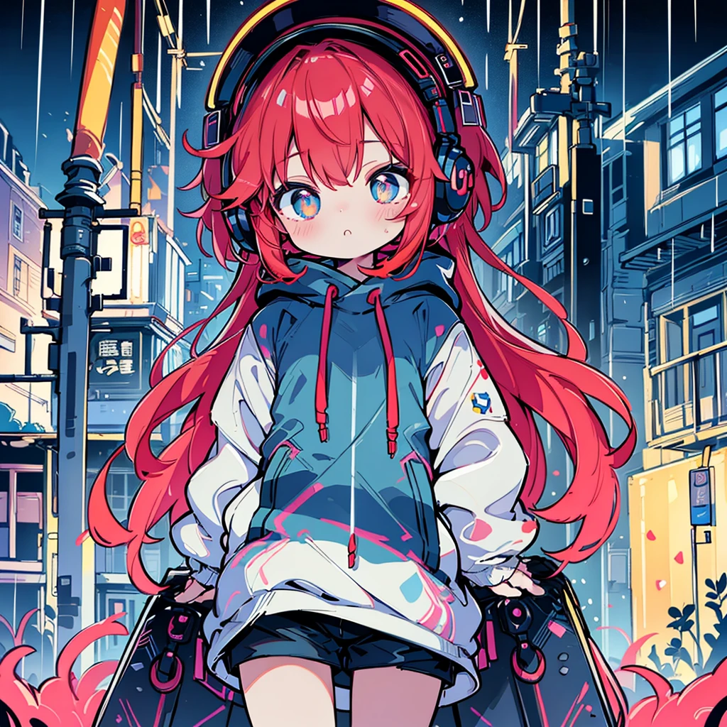 8 k resolution、((highest qualityr))、((masterpiece))、((Ultra-detailed))、1 woman、Alone、Incredibly absurd、Oversized hoodies、headphones、Street、outdoor、rain at night、Neons、Haircut、bright colored eyes、hands in pockets、Shorts、dripping water、red hairs、Bob Hair