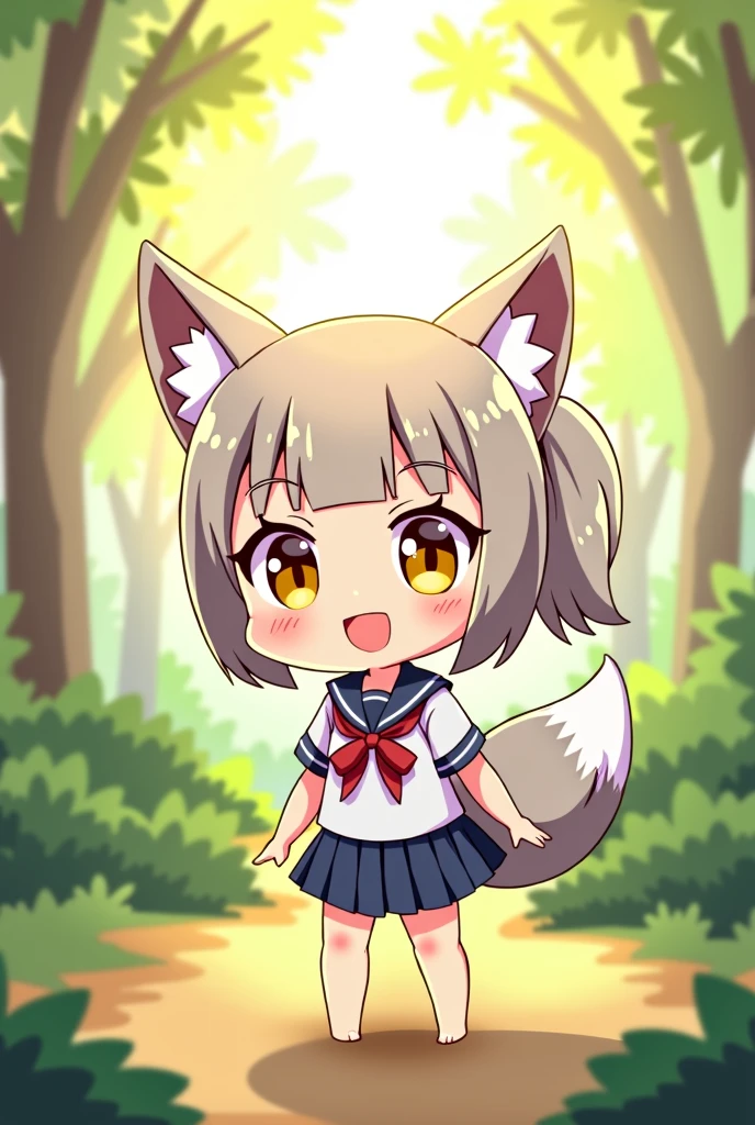 highres, , a fox, nenodroid, glad, laughing, standing, looking at viewer, ponytail, blunt cut, silver hair, golden eyes, big eyes, eyes open, fair skin, chibi, slim, mini skirt, school uniform, sailor uniform, ribbon, with fox small ears, , japanese, white background, in the forest, with a sun, with a tree, kawaii, chibi anime, soft-edged, full body shot, from front, sunrise