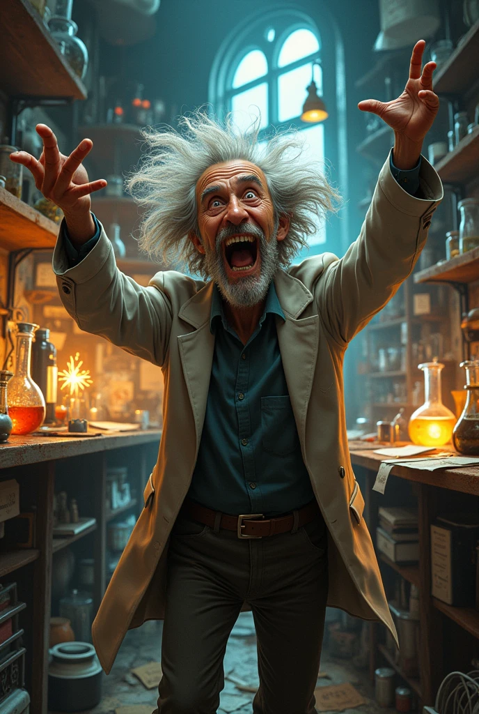 crazy old scientist having a great idea