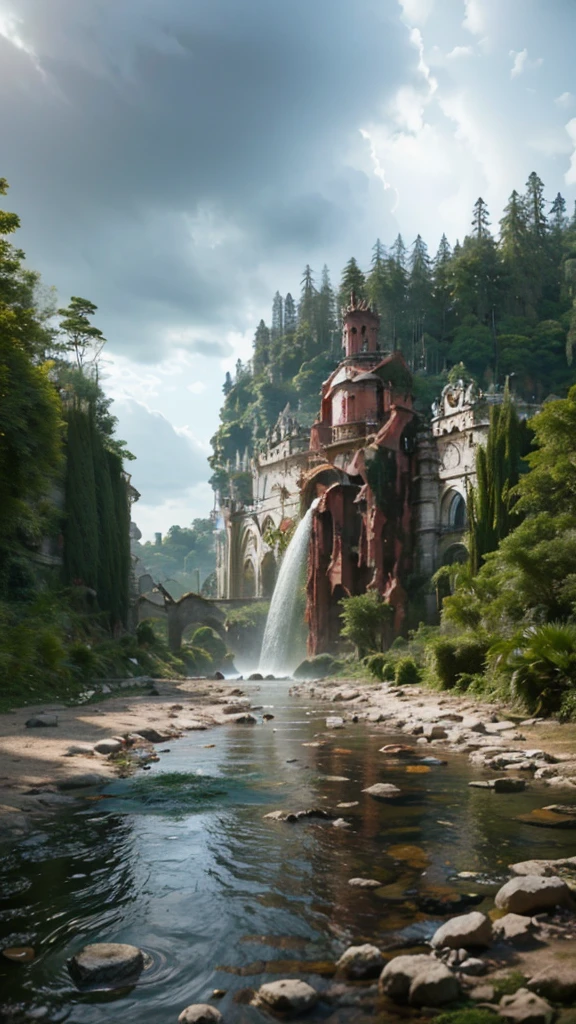 A ancient city reclaimed by the forest, crumbling stone walls and towers peeking through a sea of dense vegetation. Once splendid castle and temples, now just vine-covered rubble and moss-laden ruins poking above the treetops. Intricate stonework barely visible under thick creeping ivy and moss. Empty streets and alleys totally obscured by huge gnarled roots and flowering creepers. Crumbling statues of kings and queens stand weathered and worn, as squirrels and birds nest atop their heads. A gentle stream trickles through the cracked central plaza, waterfall cascading through where majestic palace once stood. Only bats reside here now, roosting in the damp catacombs beneath temples. Birdsong and rustling leaves have replaced hymns and human voices. The mighty walls that once protected now gradually decaying as the forest reclaims its land. This drowned city a relic of a lost people, slowly being enveloped forever in the embrace of the woodland realm.