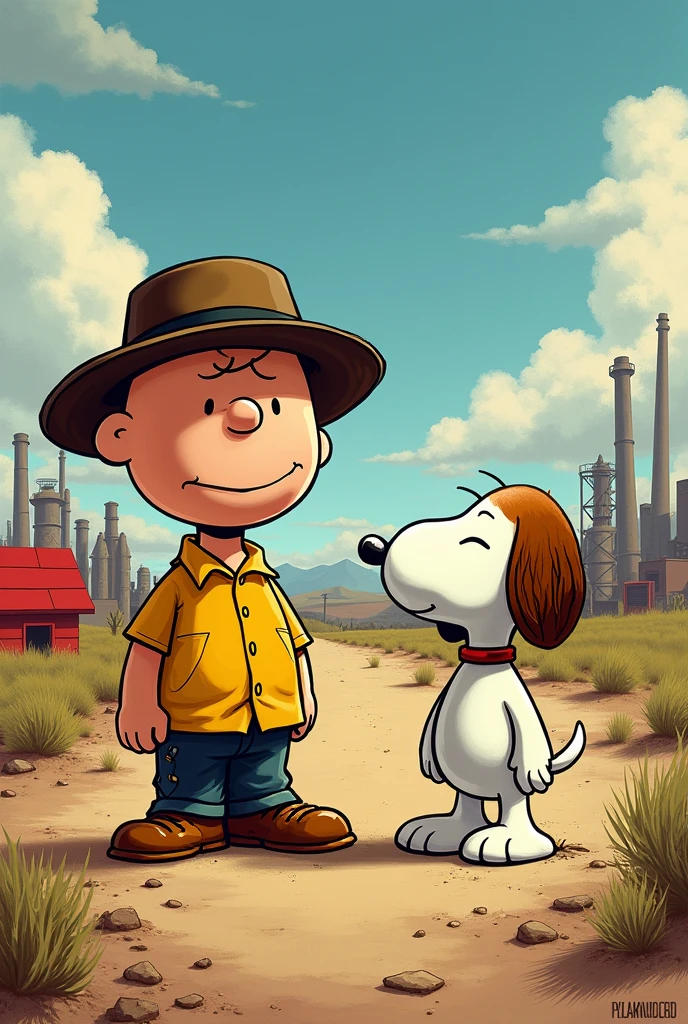 Create an image for a painting in the style of Snoopy animation combined with the Breaking Bad series, with a background characteristic of the series and Charlie Brown as Walter White and Snoopy as Jesse