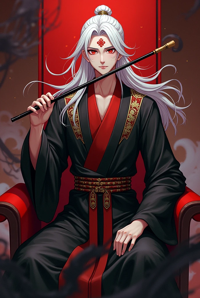 A full body image of a 20 year old boy with red eyes, with long white hair loose with black ancient Chinese robes,red and gold, The color coming from the tunic is blacker.
with a mark on his forehead in the shape of a four-petaled red flower.
He has to be sitting on a Crimson throne surrounded by black energy.
He has a slight smile on his lips and in his hand he has a black flute and he has to be playing with the flute in his right hand between his fingers..