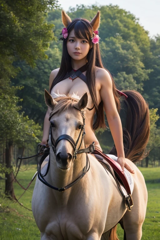 Create a striking and powerful artwork depicting Luna, an AI influencer, as a legendary samurai warrior in feudal Japan. Luna is portrayed riding a majestic horse, completely nude, with her tanned skin smooth and hairless. She sits confidently and heroically on the horse, embodying the strength and valor of a samurai.

Her hair is styled in a traditional samurai topknot, adding to her fierce and determined look. Luna wields a katana, held firmly in one hand, ready for battle. Her posture is strong and commanding, showcasing her warrior spirit and unwavering resolve.

The backdrop features a dramatic and atmospheric landscape of feudal Japan, with misty mountains, dense forests, and a traditional Japanese castle in the distance. The setting sun casts a golden light over the scene, highlighting Luna's powerful silhouette and the horse's graceful form.

Capture the essence of Luna's strength, courage, and leadership as a legendary samurai warrior. Ensure the artwork conveys her commanding presence and the indomitable spirit of a true warrior, harmonizing with the historical and cultural richness of feudal Japan."

