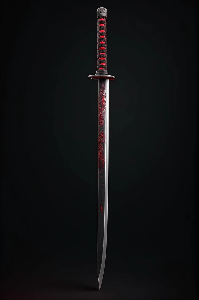 A katana with a black handle with blood red details