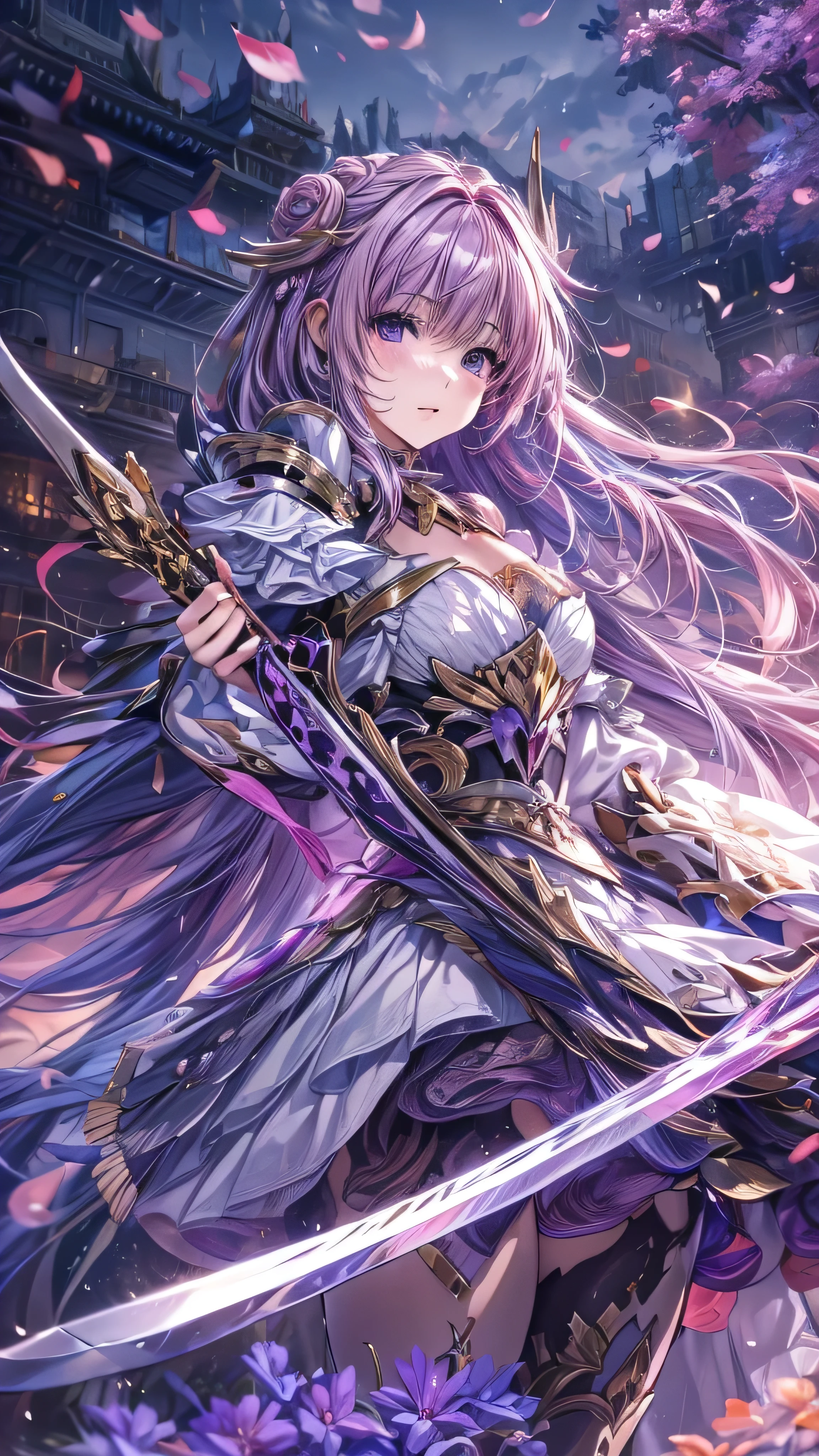 Long-haired and purple-haired anime character holding a sword, Best anime 4k konachan wallpaper, Anime Goddess, Anime Art Wallpapers 8K, Anime Style 4k, anime art wallpaper 4k, anime art wallpaper 4k, Portrait of a girl in the Knights of the Zodiac, Detailed digital anime art, Detailed anime art, anime wallpaper 4k, anime wallpaper 4k、masterpiece,best quality,ultra detailed,high-resolution,8k portrait,unity 8k wallpaper,extremely detailed CG unity 8k wallpaper