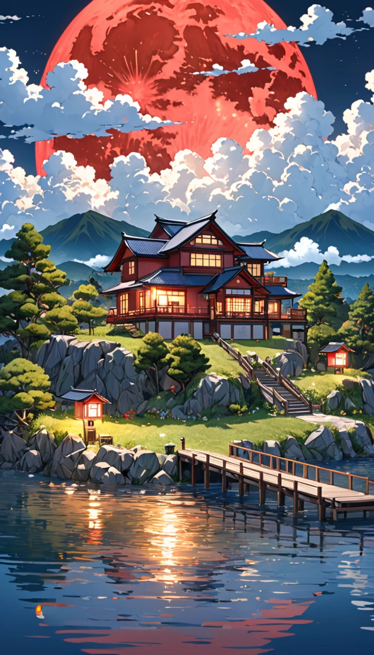 ((anime: 1.4, figure)), (masterpiece, Highest quality, Highest quality), (Very detailed, The absolute solution), ((16K, High resolution)) (anime Style),  (masterpiece, Highest quality, Highest quality), (Very detailed, The absolute solution), Cumulonimbus、House by the lake、Red Moon、Lantern