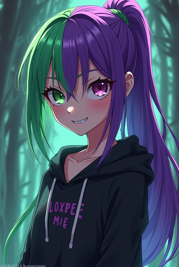 Generates a girl with green hair and eye on the left side and purple hair and eye on the right side in anime style. she wearing a hoodie and her tooth is sharp triangle shape, she is smiling exposing her tooth, punky style, long ponytail, tall, insane atmosphere