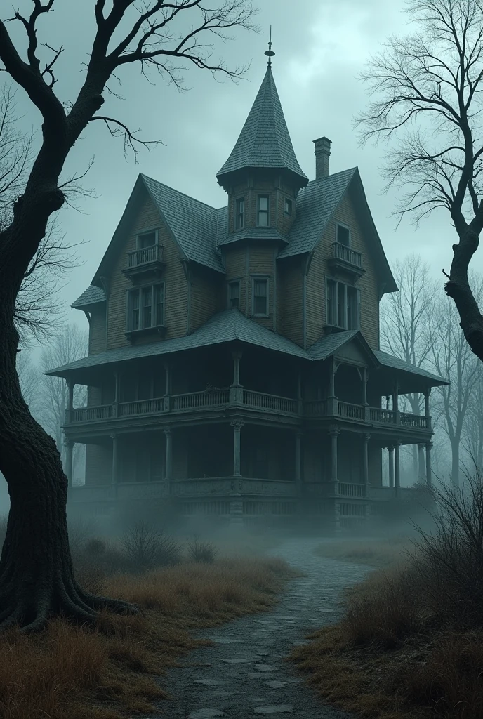 a haunted wooden mansion in a cloudy location