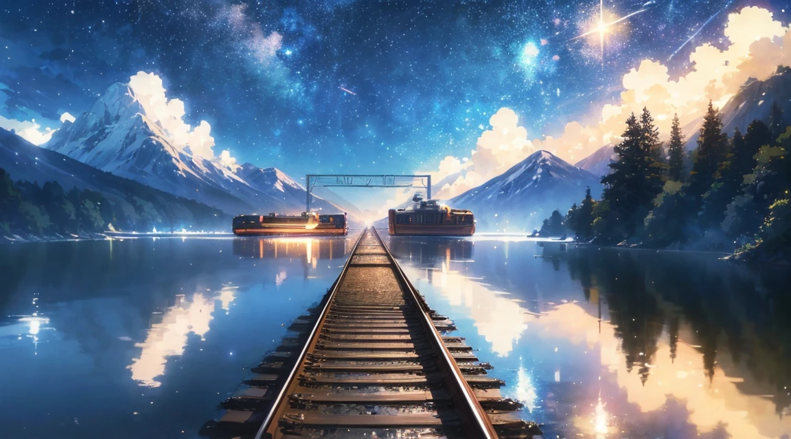 High quality masterpiece, landscape, (Animated train passing through water on the tracks), Bright starry sky. break Romantic train, Pixiv, Concept Art, Lofi Art style, reflection. by makoto shinkai, Lofi Art, Beautiful anime scene, break Anime landscape, detailedなlandscape —幅672, in Makoto Shinkai'style, Makoto Shinkai'style, 強化されたdetailed, break,detailed,Realistic,4K の非常にdetailedなデジタルアート,Octane Rendering, Bioluminescent, break 8K resolution Concept Art, realism,Learning Map,masterpiece,Highest quality,Official Art,shape,Clear lines,(Nice_color),Perfect composition,Absurd, Fantasy,concentrated,Three-part method