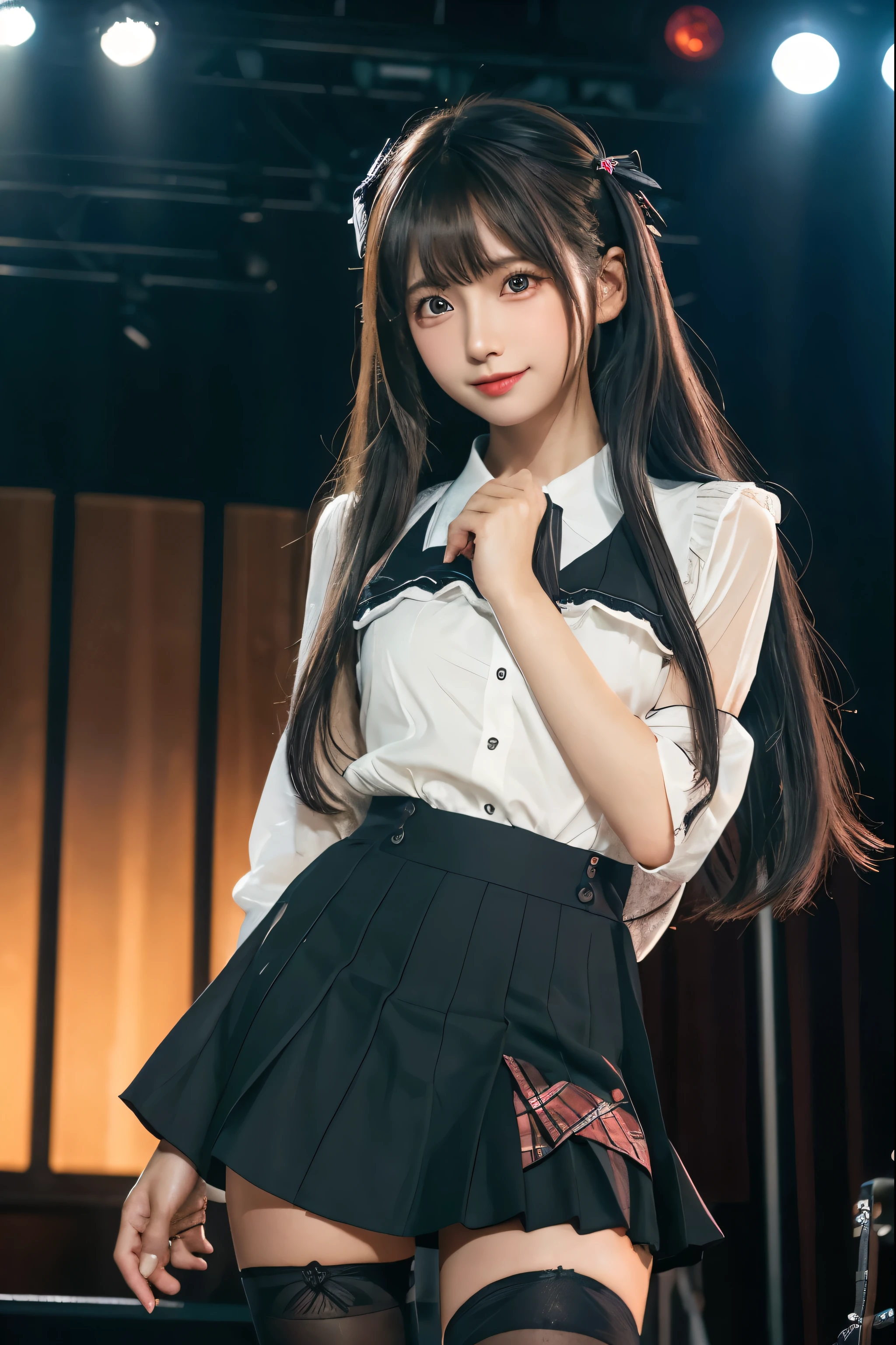 High school girl blazer、uniform、Red checked knee-length skirt、Long skirt、JK Style、Jacket、smile、Knee-high socks、Thigh-high socks、pantyhose、Extremely beautiful、Super cute、ennui、Rare Beauty、Dark black eyeshadow、sad、Skin radiance、Long Hair Straight Hair、Dark Gothic Makeup、Dark Smile、Fragrant beauty、Stained glass background、masterpiece、Highest quality、See 5 books、Sweat glistening on my chest、Sweat glistening on the face、Small breasts、2、Slightly slim、Mysterious look、Sad look、Mysterious Gothic Church、enchanting castle、Excessive sweating all over the body、Sweat dripping down thighs, shining in the light、Shiny thighs、Thighs、Sweat on thighs, shining brightly、sweat profusely、gal、Small breasts、Japanese face、Captivating look、Thin Thighs、play the guitar、I have a guitar、Enthusiastic singing、play the guitar in a band、Playing guitar chords、Background of the live music venue、Sing a song、Open your mouth、Scenery of a live music venue、Mike stand、Glamorous live stage、Dynamic Angles、Vivid straight long hair、delicate straight hair、