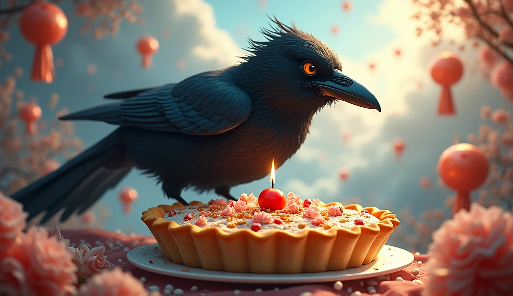 the crow bird celebrates its birthday , pie , cinematic, HD , 4K, fantasy